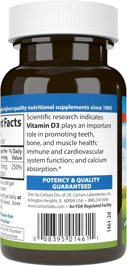 Carlson Vitamin D3 2000 IU (50 mcg) Soft Gels – Immune & Bone Support, 120 Soft Gels