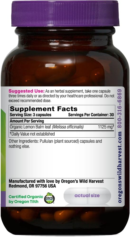 Oregon's Wild Harvest Certified Organic Lemon Balm - 1125 mg, 90 Vegan Capsules - görsel 2