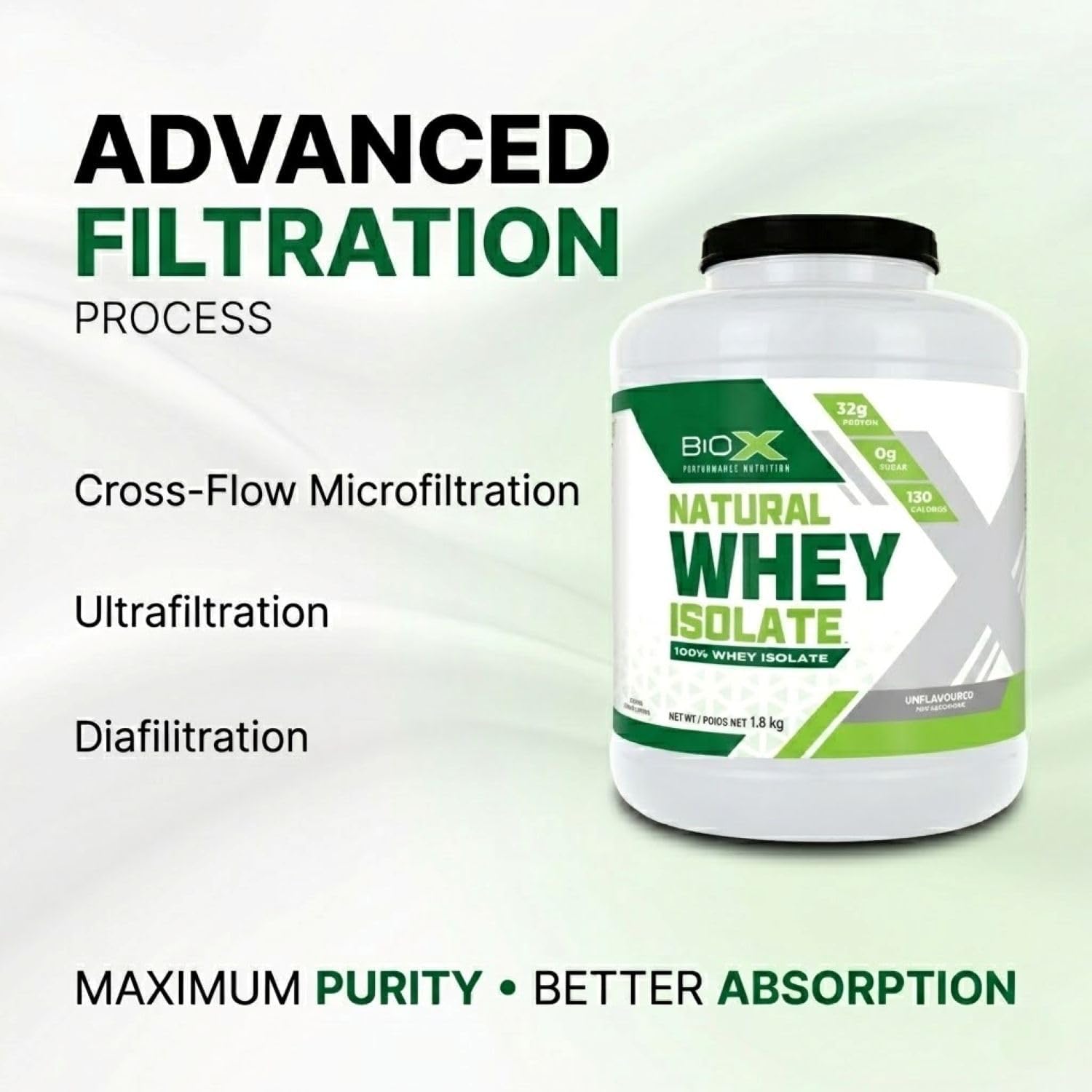 BioX Natural Whey Isolate - Unflavoured Whey Protein Isolate Powder - 32g Protein, Sugar Free, Carb Free, Low Lactose - 1.8kg - görsel 6