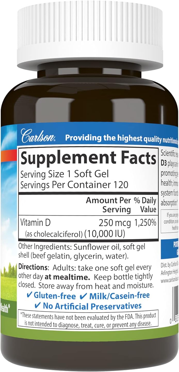 Carlson Vitamin D3 10000 IU (250 mcg) – Bone, Immune & Muscle Support, 120 Softgels - görsel 2