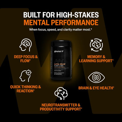 ONNIT Alpha Brain Black Label Capsules - Cognitive Support with Citicoline, Lion's Mane and Lutein (80 Capsules)