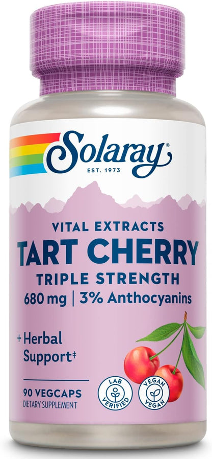 SOLARAY Triple Strength Tart Cherry Extract with 3% Anthocyanins - Tart Cherry Capsules for Normal Uric Acid Levels and Muscle Recovery Support, Vegan, 60-Day Guarantee, 45 Servings, 90 VegCaps