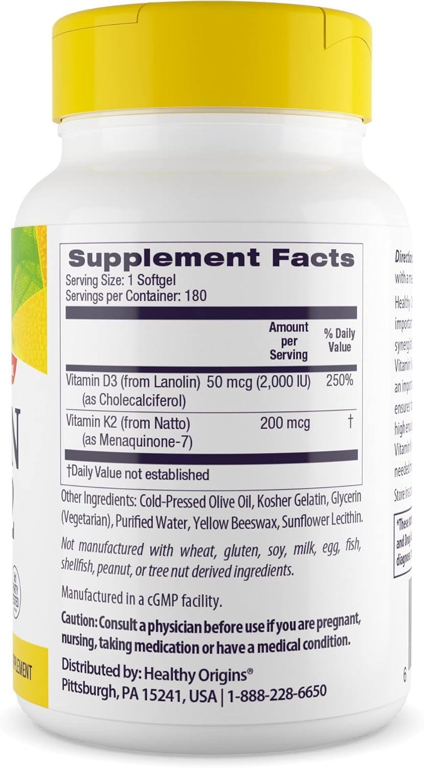Healthy Origins Vitamin D3 2,000 IU & K2 200 mcg (MK-7) - 180 Liquid Softgels - görsel 2