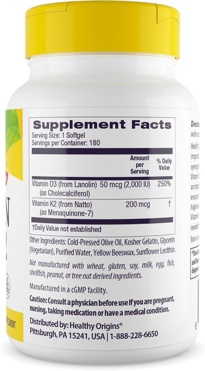 Healthy Origins Vitamin D3 2,000 IU & K2 200 mcg (MK-7) - 180 Liquid Softgels