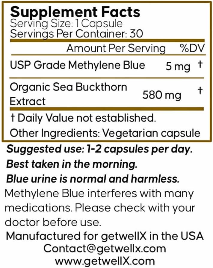 Pure Powdered Methylene Blue Capsules (30 Capsules) – USP Grade, Low Dose with Organic Sea Buckthorn - görsel 3