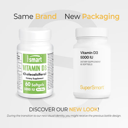 Supersmart Vitamin D3 5000 IU (125 mcg) - High Potency with Sunflower Oil - Non-GM & Gluten-free - 60 Softgels