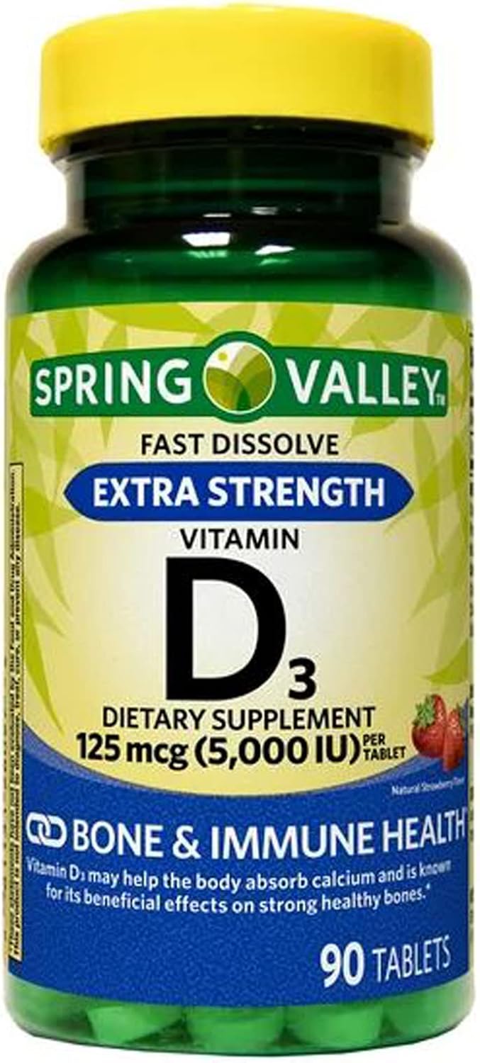 Spring Valley Extra Strength Vitamin D3 Fast Dissolve Tablets, 125 mcg (5,000 IU), Strawberry Flavour, 90 Count - görsel 1