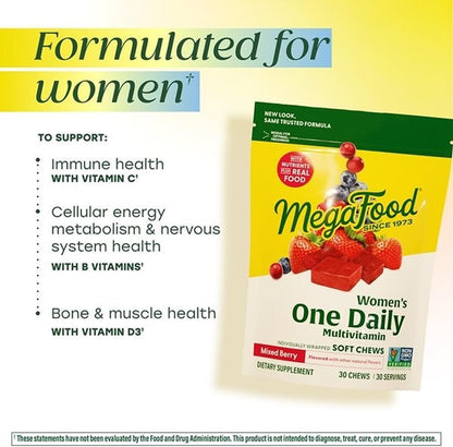 MegaFood Multivitamin for Women, One Daily Soft Chews with Folate, Methylated B12, Vitamin B6, Biotin, Vitamin D3, Vitamin C & A - Mixed Berry Flavour - 30 Chews