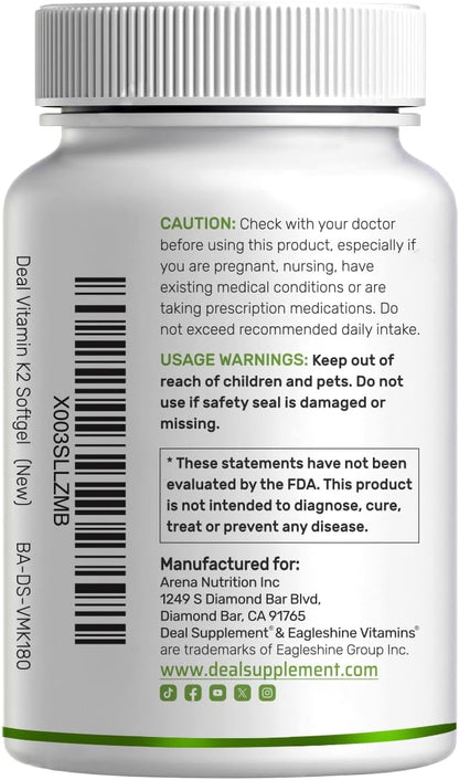 DEAL SUPPLEMENT Vitamin K2 MK-7 200mcg, 240 Softgels - Coconut Oil Base, Non-GMO