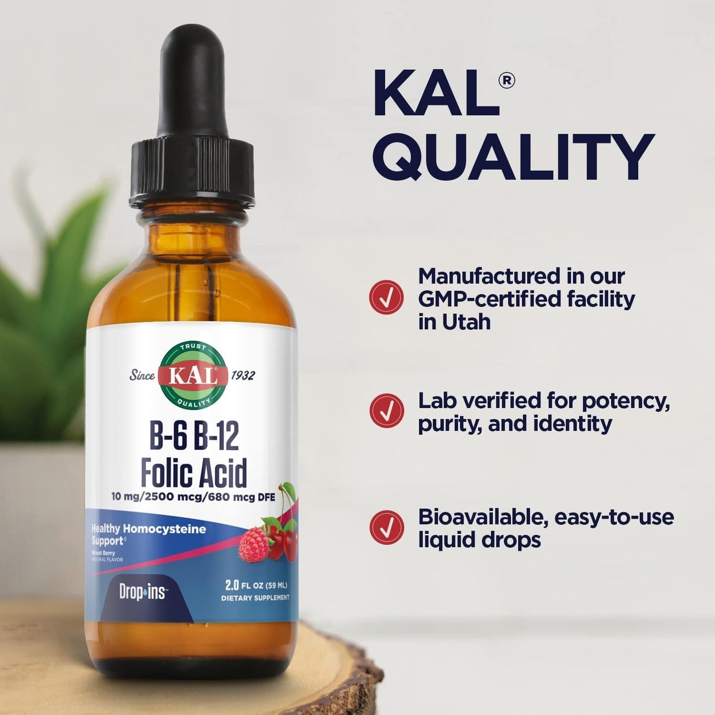 KAL Vitamin B-6 B-12 Folic Acid DropIns - Liquid Supplement with Methyl B12 and Methyl Folate, Natural Mixed Berry, 2fl oz (59 ml) - görsel 5
