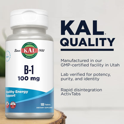 KAL Vitamin B1 100 mg - Thiamine Supplement for Energy, Metabolism and Nervous System Health - 100 Tablets