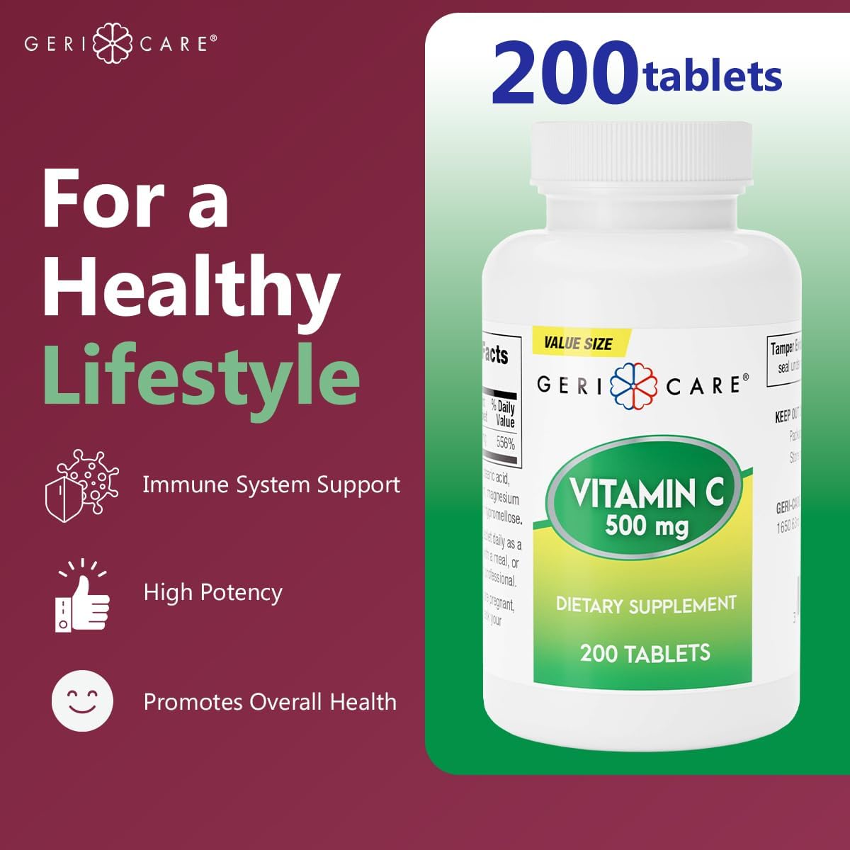 GeriCare Vitamin C 500 mg Tablets – Antioxidant & Immune Support, 200 Tablets - görsel 4