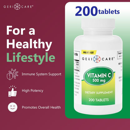 GeriCare Vitamin C 500 mg Tablets – Antioxidant & Immune Support, 200 Tablets