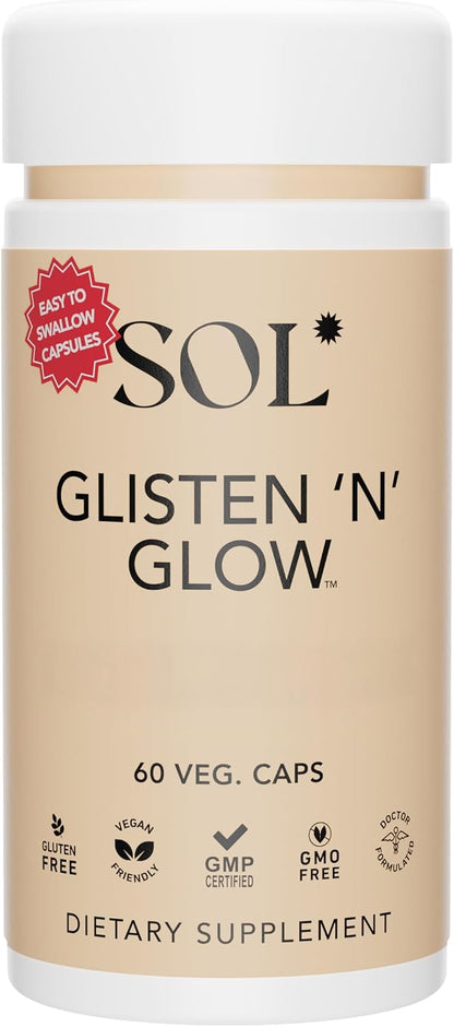 Sol Nutrition Glisten 'N' Glow Supplement - Skin Vitamins for Women with Biotin, Collagen, Vitamins A, B, C, E - 60 Capsules
