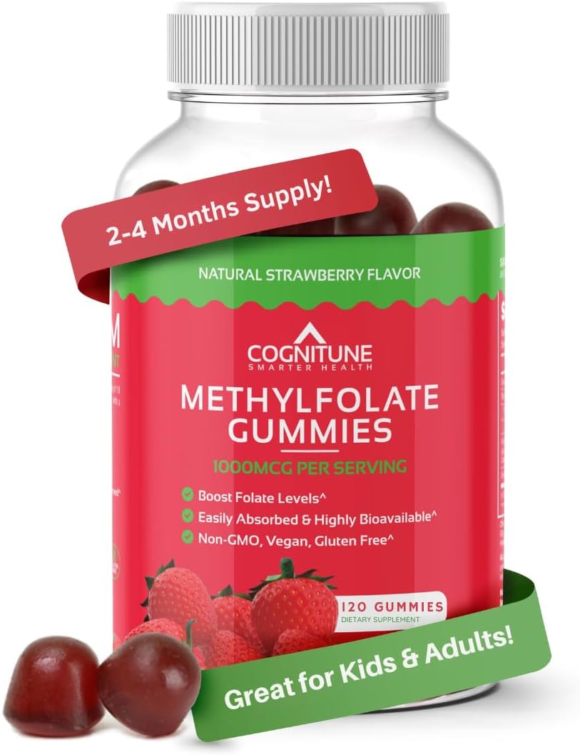 CogniTune Methylfolate Gummies - L-Methylfolate 1000mcg 5-MTHF Folate Supplement for Kids and Adults - Strawberry Chewable Vitamin B9 - Non-GMO Vegan - 60 Gummies - görsel 9