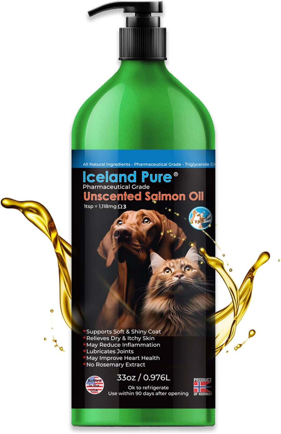Salmon Oil | Unscented Pharmaceutical Grade | 1118mg Omega-3 per 5ml | Liquid Complementary Feed for Dogs and Cats | BPA-Free Brushed Aluminium Epoxy Coated Bottle with Pump 976ml - görsel 1