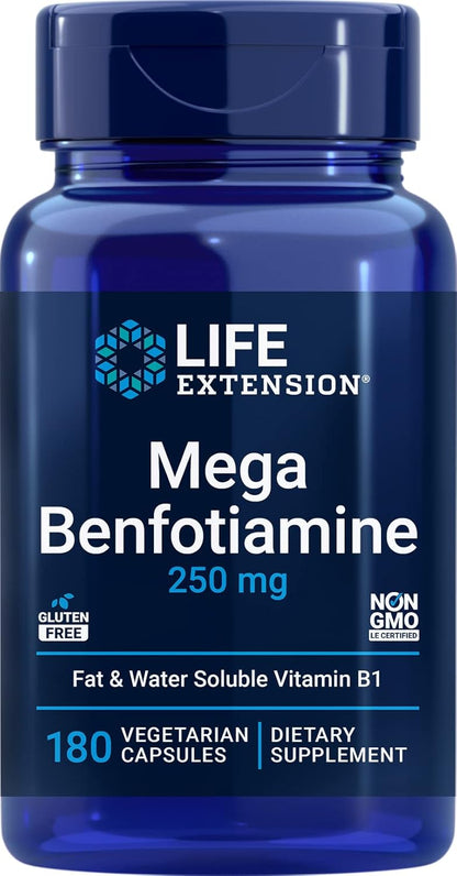 Life Extension Mega Benfotiamine 250 mg with Thiamine, 180 Capsules (Pack of 2)