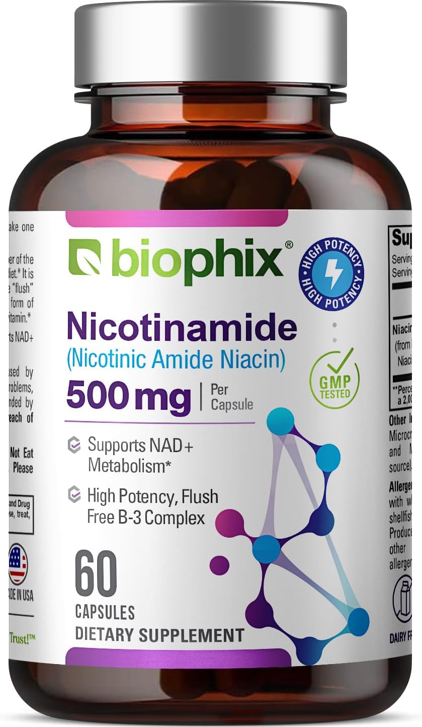 biophix B-3 Nicotinamide 500 mg 60 Caps – Nicotinic Amide Niacin Natural Flush-Free Vitamin Formula – Image 1