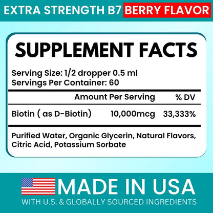 Vitboost Liquid Biotin Drops 10,000mcg - Extra Strength Vegan Formula with Organic Berry Flavour for Hair, Skin and Nails - 60 Servings