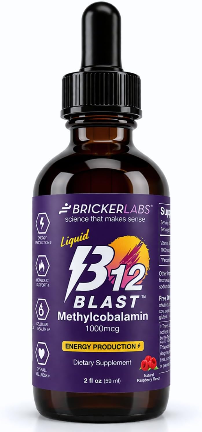 Bricker Labs B12 Blast Methylcobalamin 1000mcg Sublingual Liquid - Vegan B12 Energy Supplement, 2 fl oz - görsel 1
