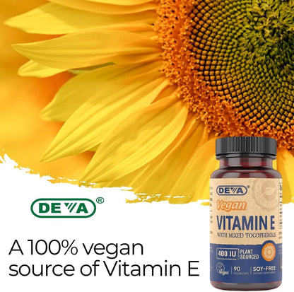 DEVA Vegan Natural Source Vitamin E 400IU with Mixed Tocopherols, Soya-Free – 90 Veg Caps (Pack of 2)