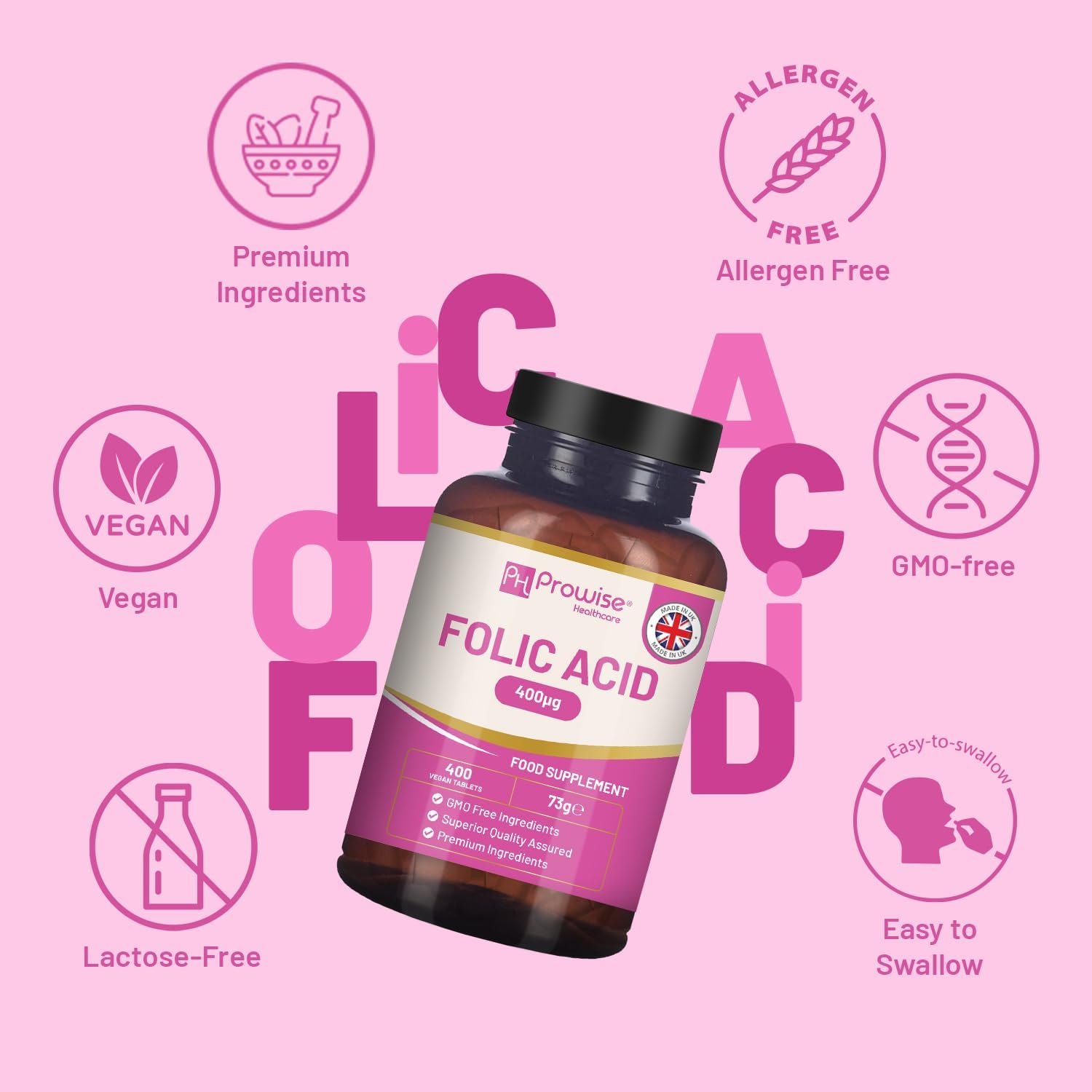 Folic Acid Tablets 400 mcg - 400 Vegan Vitamin B9 Tablets | 13 Month Supply | Vitamin B9 Pregnancy Support | UK Made – Prowise - görsel 8