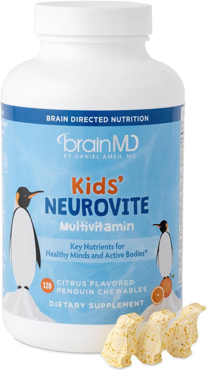 BRAINMD Dr. Amen Kids’ NeuroVite – Orange Flavour – 120 Penguin-Shaped Chewable Tablets – Multivitamin & Mineral Supplement