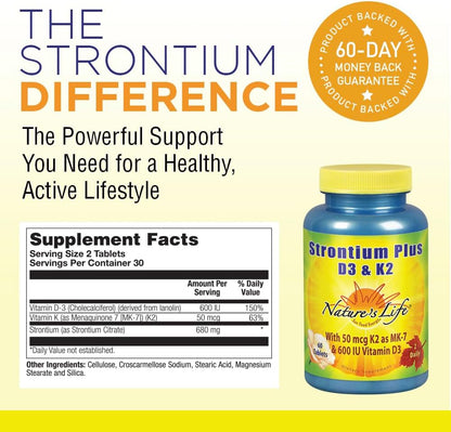 Nature's Life Strontium Plus D3 & K2 - Bone Support Food Supplement, 60 Tablets