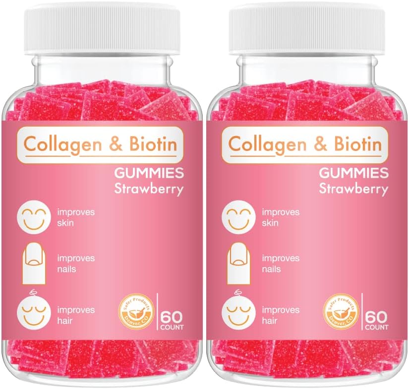 Safer Products Collagen Biotin Gummies - Supports Hair, Skin & Nails - Vegan, Non-GMO, Gluten-Free - Strawberry Flavour - 120 Gummies - görsel 1