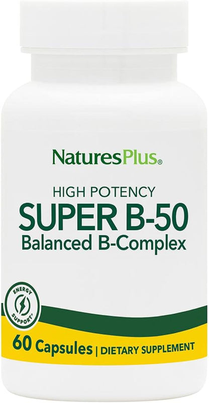 NaturesPlus Super B-50 – High-Potency B Complex with Choline, Inositol & PABA – 90 Capsules