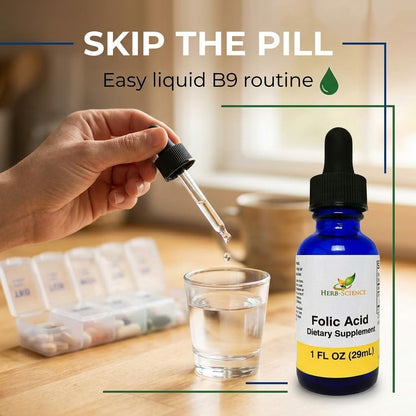 Herb-Science Liquid Vitamin B9 Folic Acid Supplement – Supports Normal Homocysteine Metabolism, Psychological Function & Reduces Tiredness – Vegan, Non-GMO – 30 ml