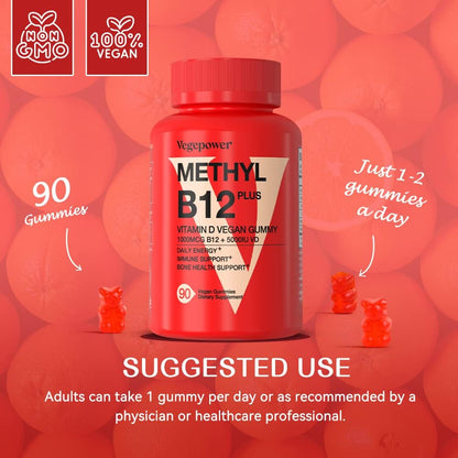 VEGEPOWER Vegan Vitamin B12 & D3 Gummies - 1000 mcg Methyl B12 & 5000 IU D3 - Supports Energy & Immune Function - 90 Count