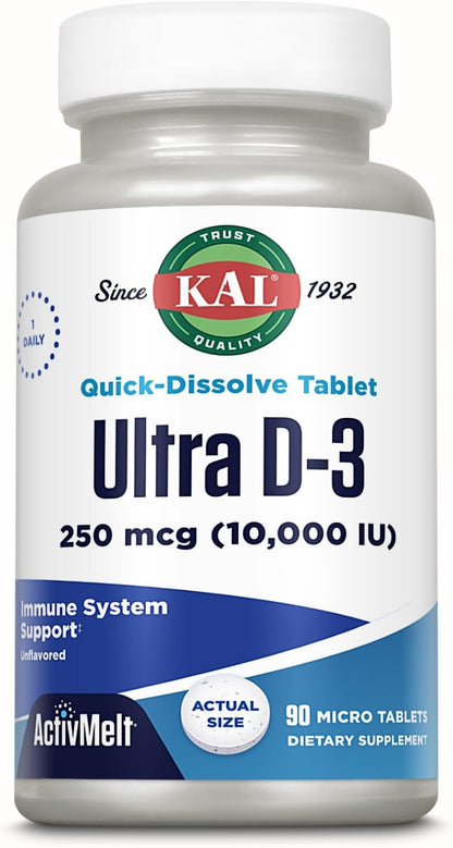 KAL Ultra Vitamin D3 10000 IU (250mcg) - High Potency Vitamin D - Immune Support and Calcium Absorption Support for Strong Bones - Quick Dissolve, Unflavoured ActivMelt - 90 Servings, 90 Micro Tablets
