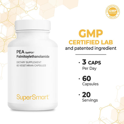Supersmart - 99% PEA Supplement with OptiPEA - 1200 mg per Day - Natural Nerve Support - Non-GM & Gluten-free - 60 Vegetarian Capsules