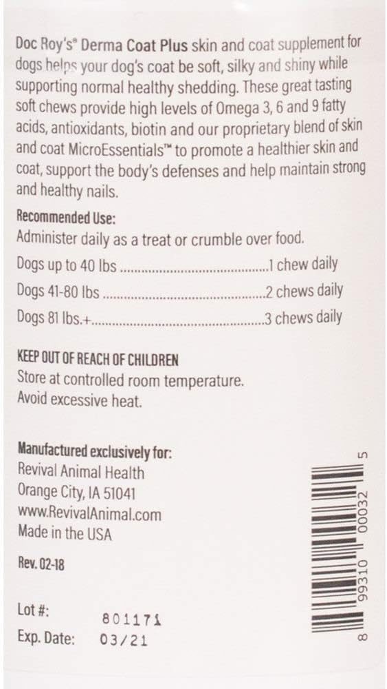 Doc Roy’s Derma Coat Plus Dog Supplement, Supports Healthy Skin, Coat & Nails, with Omega-3-6-9 Fatty Acids, Biotin & Antioxidants, 60 Chews for Medium and Large Dogs - görsel 7