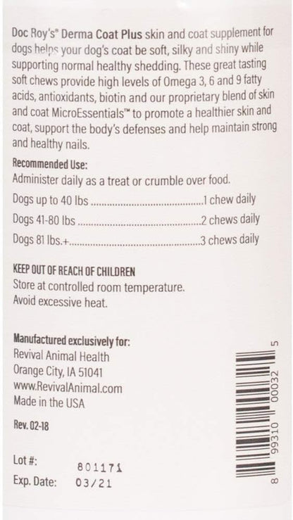 Doc Roy’s Derma Coat Plus Dog Supplement, Supports Healthy Skin, Coat & Nails, with Omega-3-6-9 Fatty Acids, Biotin & Antioxidants, 60 Chews for Medium and Large Dogs