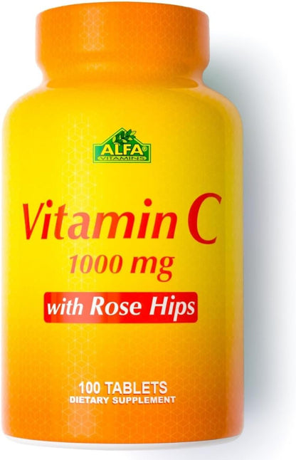 ALFA VITAMINS Vitamin C with Rose Hips – 1000 mg per Tablet – Immune and Antioxidant Support – 100 Tablets