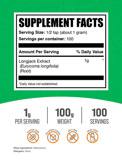 BulkSupplements.com Longjack Extract Powder - Tongkat Ali Extract, Tongkat Ali for Men & Women - Gluten-Free, 1g per Serving, 100g (3.5 oz) (Pack of 1)