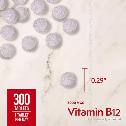 Members Mark Vitamin B12 (300 Count) Quick Dissolve Tablets, 5000 mcg – Cherry Flavour Methylcobalamin for Energy & Nervous System Support – USP Verified