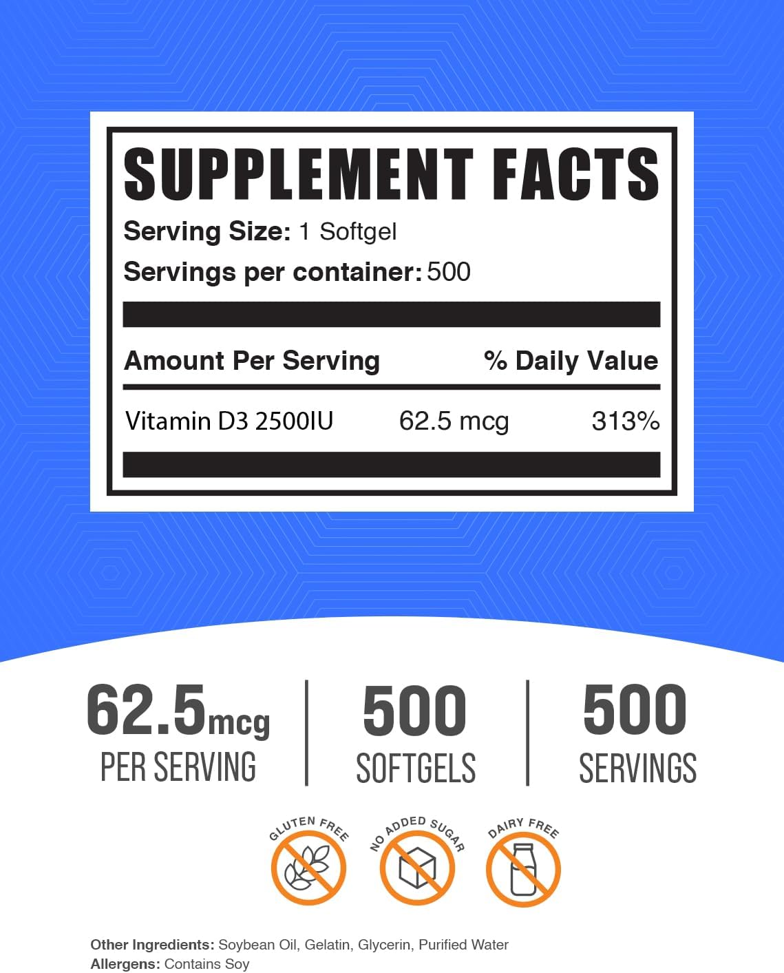 BulkSupplements.com Vitamin D3 2500 IU Softgels - 500 Count - görsel 2