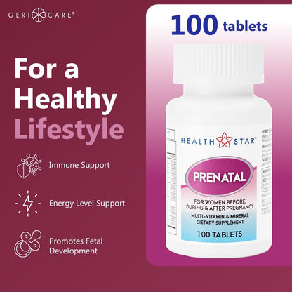 Prenatal Multivitamin by HealthStar for Healthy Mum and Baby - Folate + Vitamin C + Vitamin D + Iron + Calcium + B12 - 100 tablets