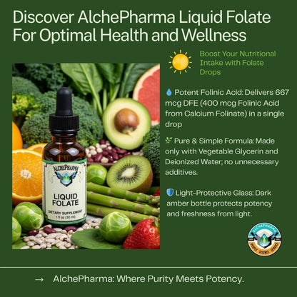 AlchePharma Folinic Acid Liquid - 667 mcg DFE (400 mcg Folinic Acid), 800 Servings