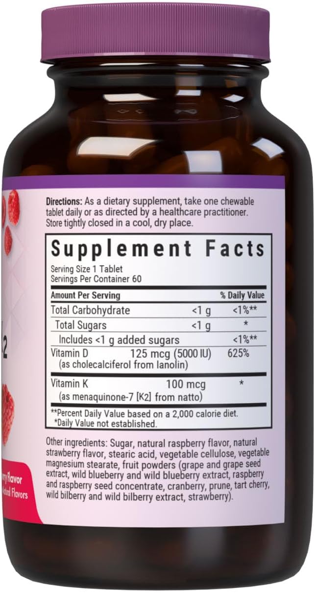 Bluebonnet Nutrition Vitamin D3 & K2 EarthSweet Chewable Tablets, Raspberry Flavour, 60 Tablets - görsel 2
