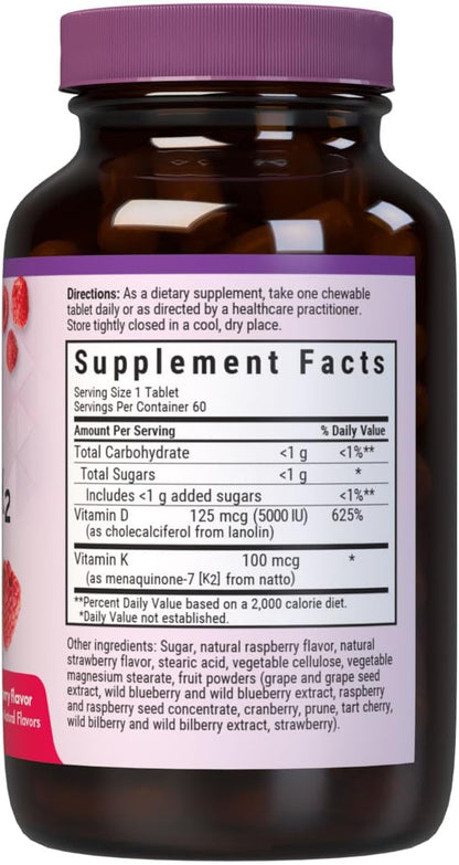 Bluebonnet Nutrition Vitamin D3 & K2 EarthSweet Chewable Tablets, Raspberry Flavour, 60 Tablets