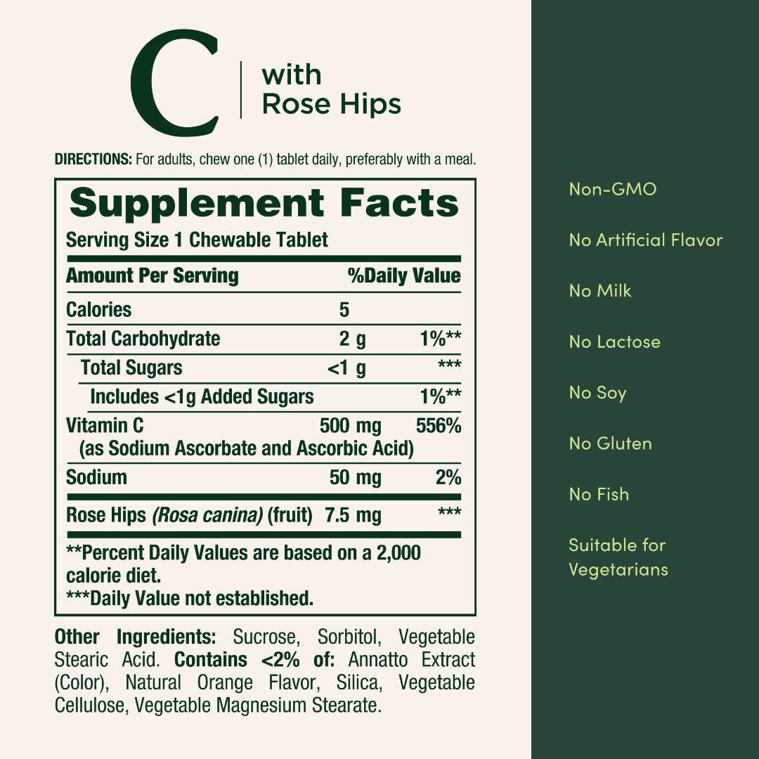 Nature's Bounty Vitamin C, Support for a Healthy Immune System, 500 mg Vitamin C with Rosehips, 90 Chewable Tablets - görsel 5