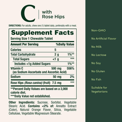 Nature's Bounty Vitamin C, Support for a Healthy Immune System, 500 mg Vitamin C with Rosehips, 90 Chewable Tablets