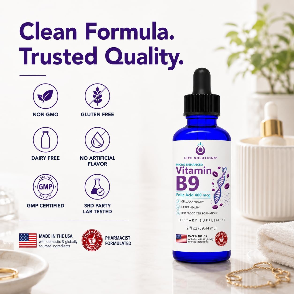 Life Solutions Vitamin B9 Liquid Drops, Folic Acid 400 mcg, 60 ml - görsel 6