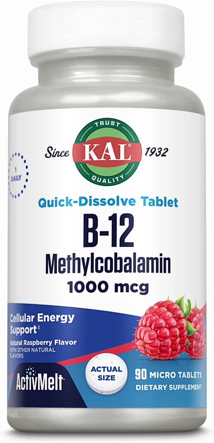 KAL Vitamin B12 Methylcobalamin 1000mcg, Fast Dissolve ActivMelt, Natural Raspberry Flavour, 90 Micro Tablets - görsel 1