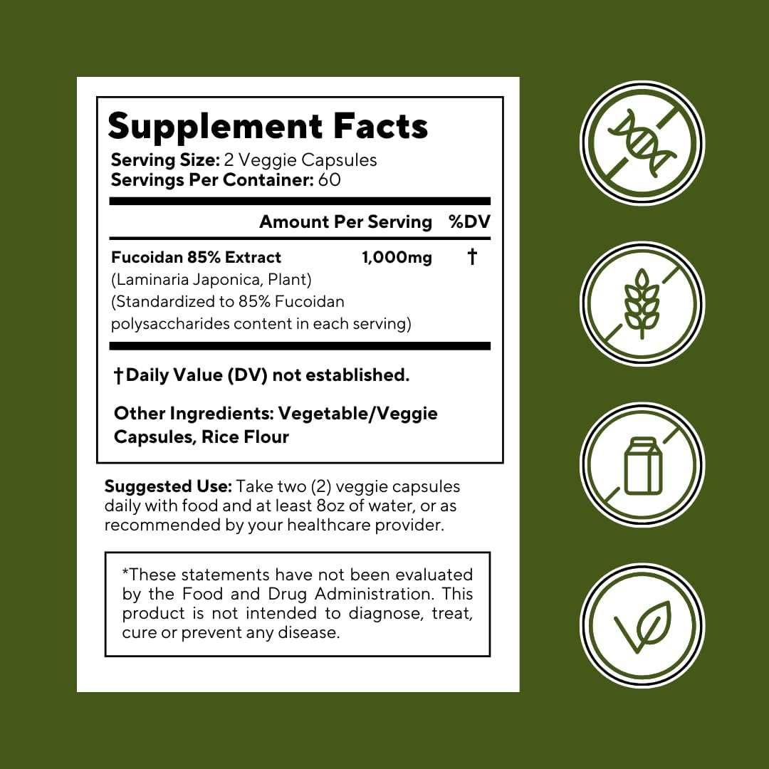 Vitapia Pure Fucoidan 85% Brown Seaweed Extract – 1000mg per Serving – 120 Veggie Capsules - görsel 7