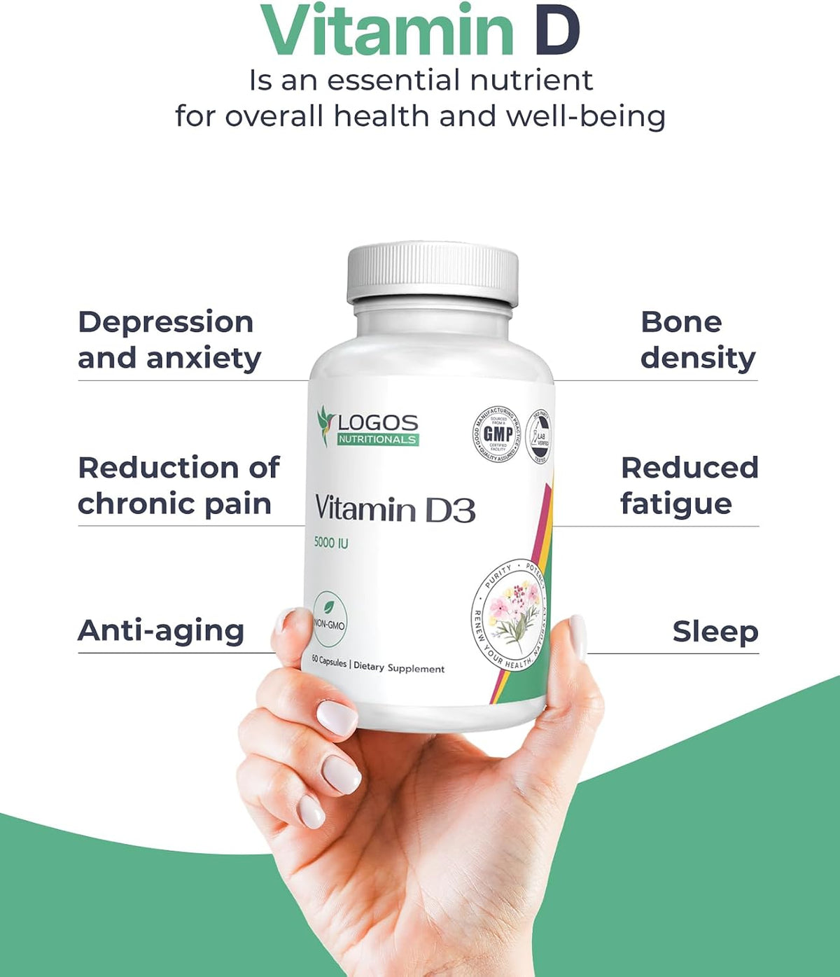 logos nutritionals Vitamin D3 5000 IU Food Supplement - 60 Capsules - görsel 5
